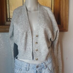 Cropped Gray Button-Up Cardigan, Womens L Knitwear Basics Academia